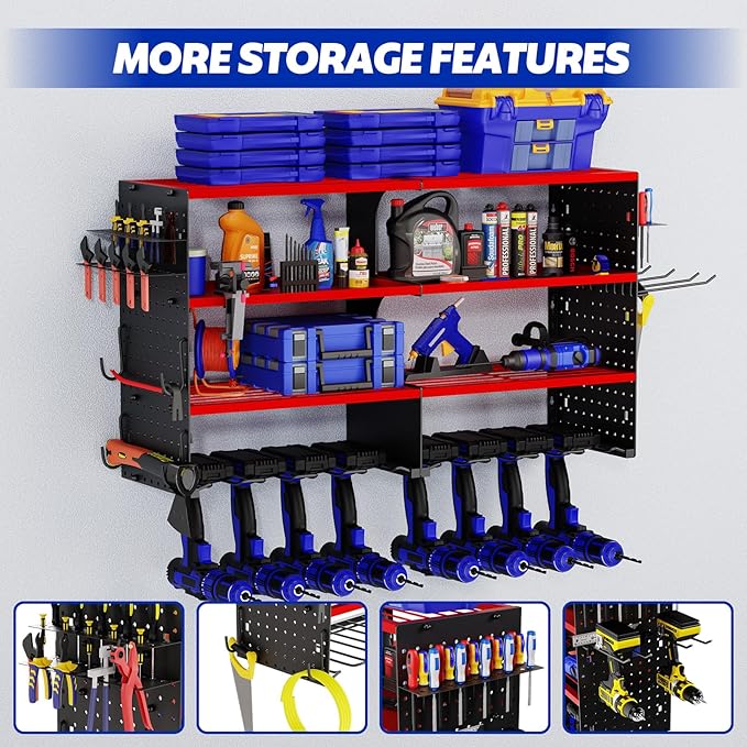 FAHKNS Power Tool Organizer Wall Mount, 4 Layer Heavy Duty Metal Tool Storage Rack, Garage Wall Organizers with 8 Drill Holder Screwdriver Holder, Cordless Tool Organizer for Garage Workshop Shed