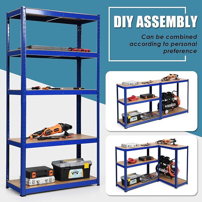 ERGOMASTER 5 Tier Utility Shelves Rack Garage Heavy Duty Steel Metal Shelving Unit with Adjustable Design, Bolt-Free Assembly & 380 LBS Wight Capacity Per Tier (Set of 2, Blue)
