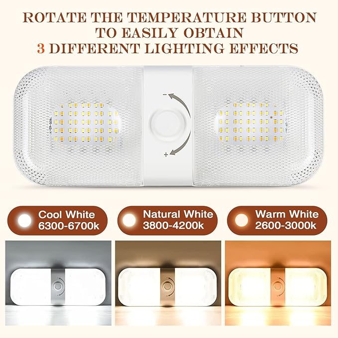 Retisee 10 Pcs RV Lights Interior 1700LM, 3 Color 12V RV LED Dome Lights Ceiling Double Lights Fixture with ON/Off for Camper/Car/Trailer/Boat, 2700-6700K