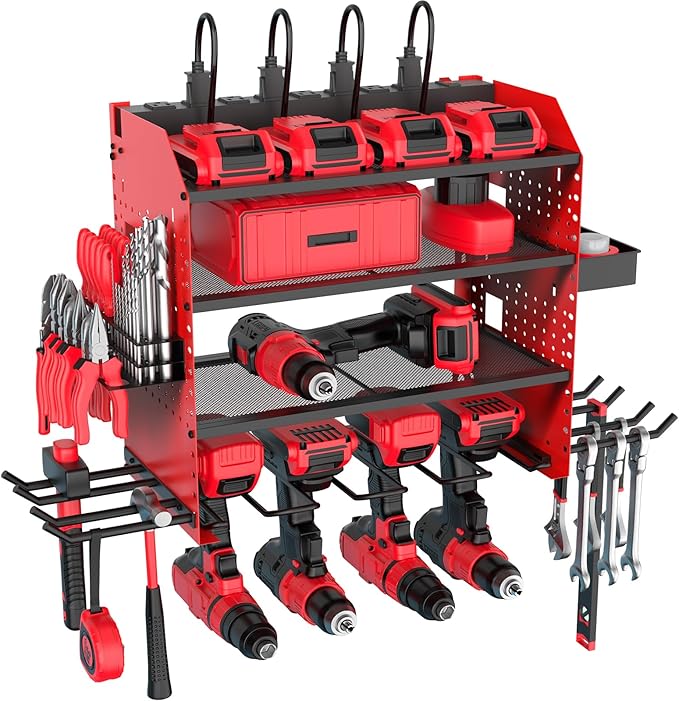 Heavy Duty Power Tool Organizer Wall Mount with Charging Station, 4 Layer Garage Storage Adjustable Shelves Height, Holds 4 Drills, 2 Hooks, Screw & Screwdriver box, Gifts for Fathers Day, Anniversary