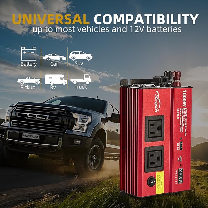 TWING Car 1000w Inverter,12v DC to 110v Power Inverters for Vehicles 1000 watt with Dual AC Outlets 3.0A USB and Type-C,12 Volt Inverter Car Cigarette Lighter Battery