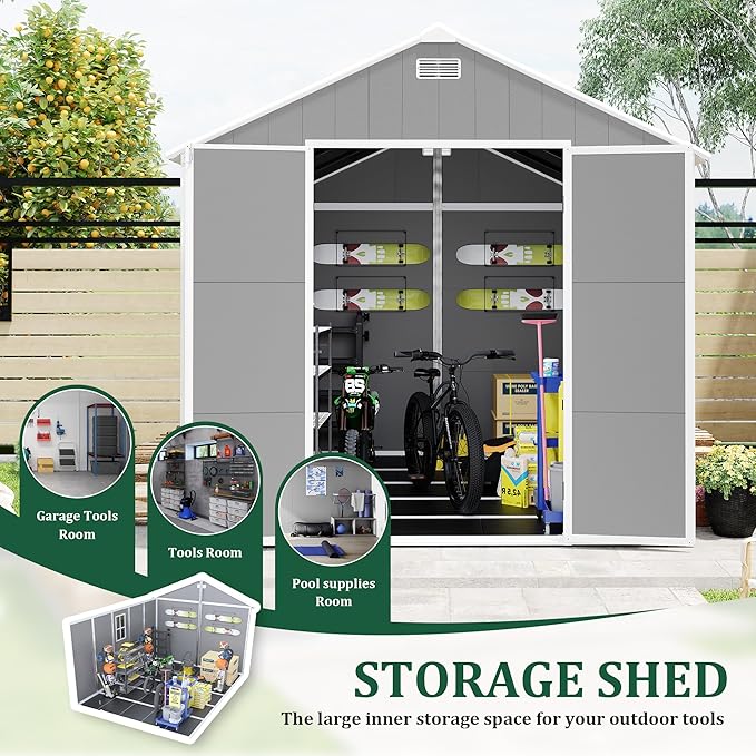MyVoice 10x8 FT Outdoor Resin Storage Shed with HD Window, Rustproof Waterproof Garden Tool Shed, 12mm Thickened PP Panels, Large Capacity Outdoor Utility House for Backyard Patio (with Floor)