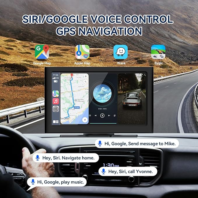7” Wireless Carplay &Android Auto IPS Touch Screen, Portable Car Stereo with 4K Front Dash Cam + 1080p Backup Camera, Bluetooth/GPS Navigation/Mirror Link/Voice Control/Loop Recording with 64GB TFCard