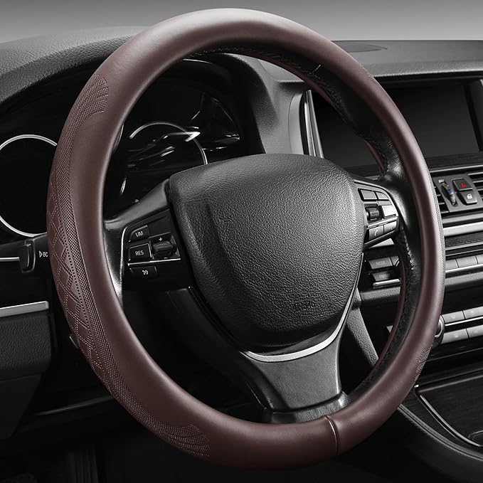 【2025 Model】 High-Grade Real Cowhide Steering Wheel Cover for Men Women，Brown Genuine Leather Steering Wheel Cover for Cars,Universal 14.5-15 inch Steering Wheels,Grid & Square Motif