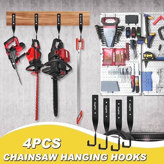 Chainsaw Hanger,Chainsaw Holder for Garage Wall Mount, Garage Storage Hooks for Chainsaw, Backpack Blower, Weed Eater & Tools,Rustproof Chainsaw Hook Organizes Tools, Saves Space(4 Pcs)