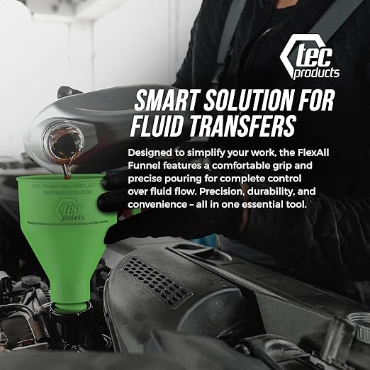 FlexAll Long Flexible Funnel for Automotive Use - Durable Nitrile Rubber - Ideal for Car Oil Change, Transmission Funnel Fluid, Diesel, Fuel, Gas - Made in USA - Green (16 x 5 Inches)