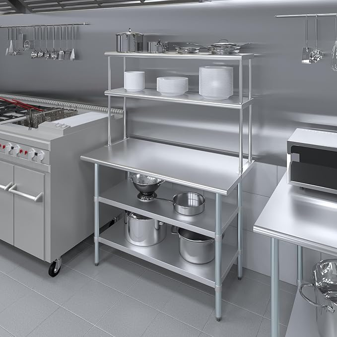 Amgood Stainless Steel Work Table with 2 Shelves | Metal Kitchen Prep Table & Shelving Combo (24" x 48" Table with 2 Shelves + 12" Overshelf)