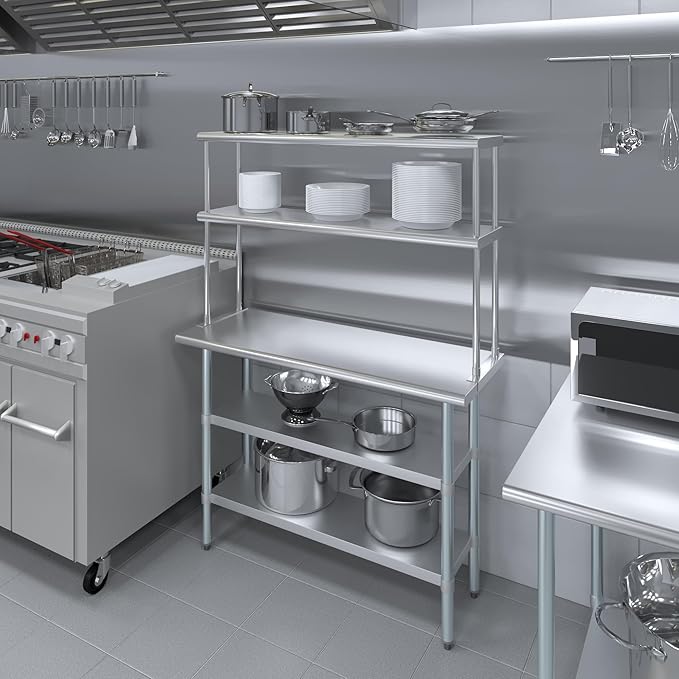 Amgood Stainless Steel Work Table with 2 Shelves | Metal Kitchen Prep Table & Shelving Combo (18" x 48" Table with 2 Shelves + 12" Overshelf)