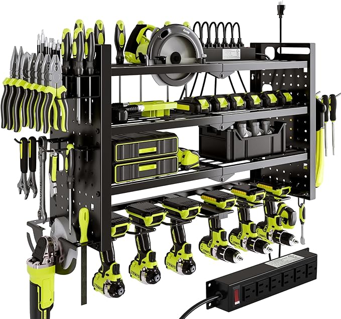 Power Tool Organizer Wall Mount with Charging Station 4 Layer 6 Slot Cordless Drill Holder with Angle Grinder Holder (Black)