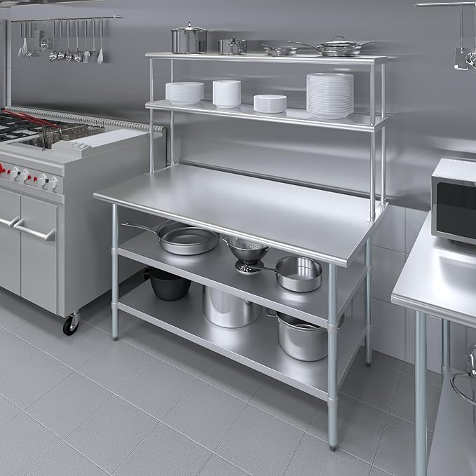 AmGood Stainless Steel Work Table with 2 Shelves | NSF (30" x 60" Table with 2 Shelves + 12" Overshelf)