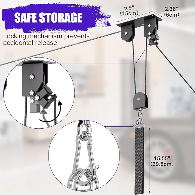 2 Pack Bike Hoist, Heavy Duty Bike Pulley System for Garage Ceiling Bicycle Hanger, Bike Lift Overhead Storage Holds Up to 85 lbs Capacity, Fit 10-16 Foot Ceilings, Black