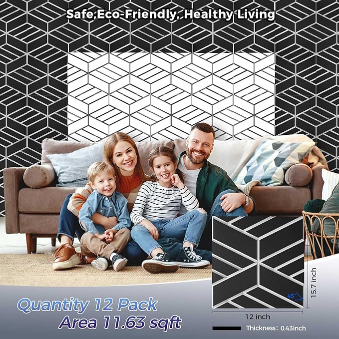 12 Pack 2-Layer Soundproof Wall Panels, 12 x 12 x 0.43 in Sound Proof Foam Panels for Walls, 1.1lb/ft* High Density, Thicker 0.43 in, 3D Acoustic Panels,Artistic Noise Dampening Panels Black&White