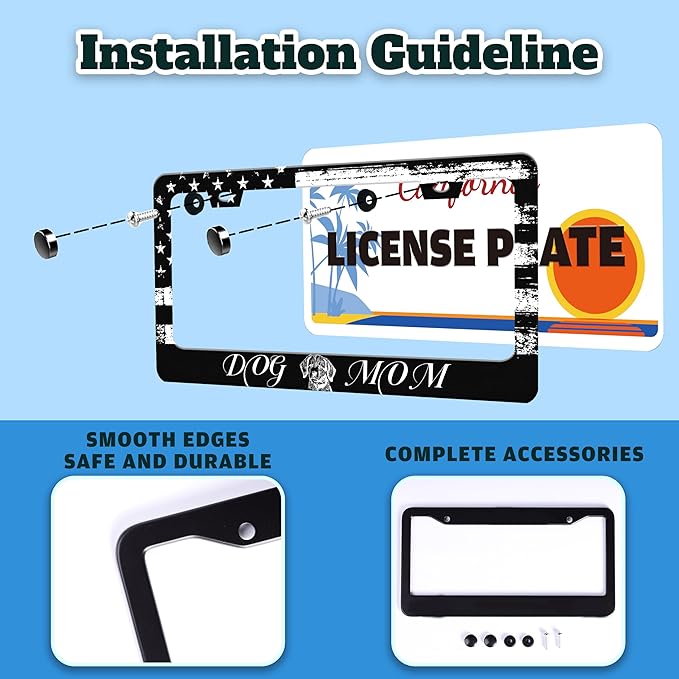 Dog Mom License Plate Frame Vintage American Flag Animal License Plate Holder for Front or Rear Car Tags Reusable Durable Stainless Steel Car Funny Decoration with Screws 6.3 X 12.2 in for Men Women