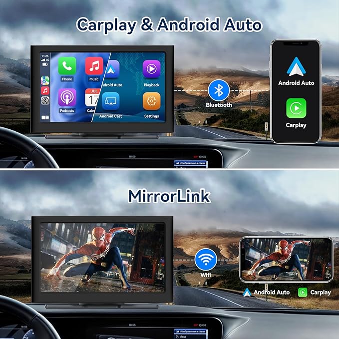 7” Wireless Carplay &Android Auto IPS Touch Screen, Portable Car Stereo with 4K Front Dash Cam + 1080p Backup Camera, Bluetooth/GPS Navigation/Mirror Link/Voice Control/Loop Recording with 64GB TFCard