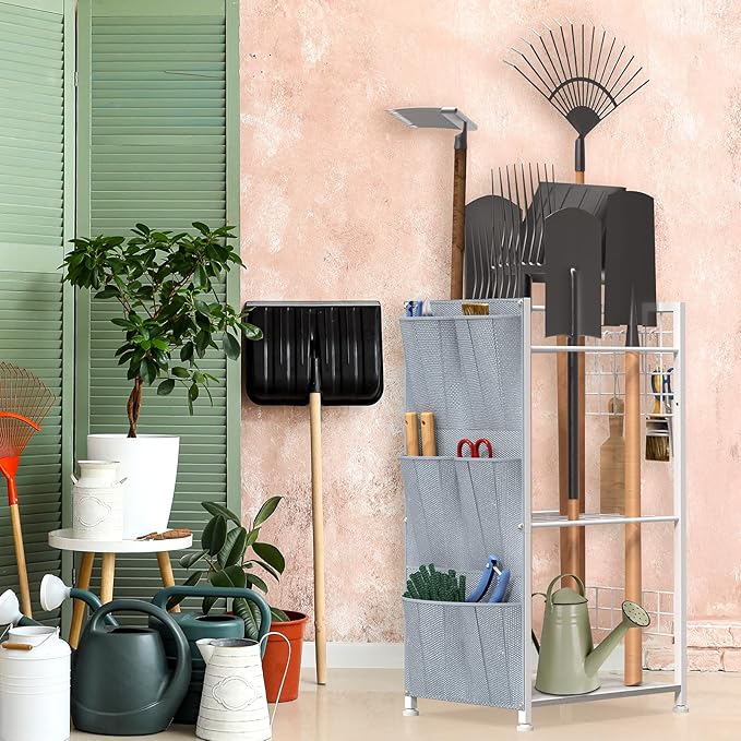 YBING Garden Tool Organizer, Yard Tool Stand with Side Storage Pockets, Yard Tower Rack for Garage Storage, Freestanding Tools Organizers and Storage for Shed, Gray