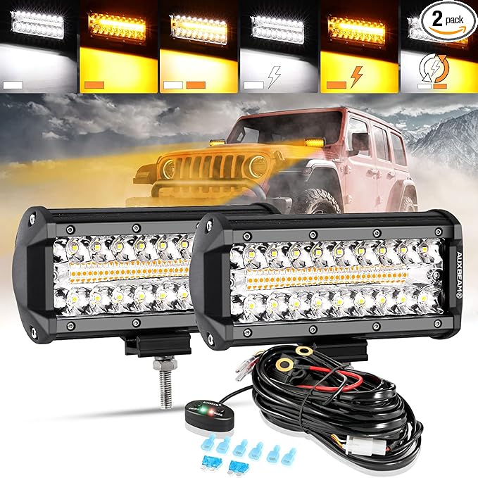 Auxbeam 7 Inch 300W LED Light Bar, 6 Modes Strobe Amber Pod Lights Yellow Fog Light Dual Color Spot Flood Offroad Driving Lights, Memory Function LED Work Lights for Truck Car ATV