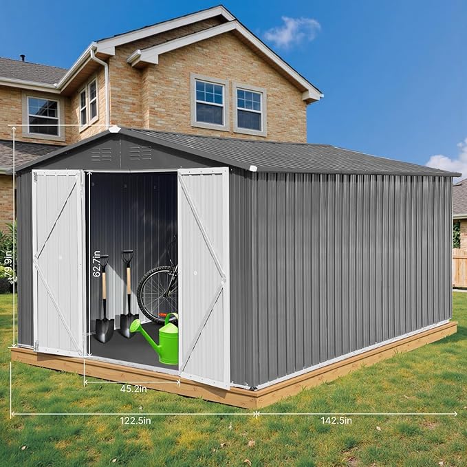 10 x 12 FT Outdoor Storage Shed, Metal Garden Tool Shed with Slooping Roof, Lockable Doors and Windows, Easy to Assemble for Garden, Patio, Lawn, Grey