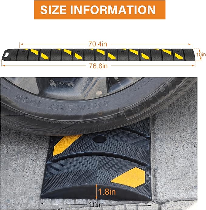 OrangeStar 6Ft Portable Rubber Speed Bump, Heavy Duty Speed Hump w/Reflective Yellow Strips for Asphalt Concrete Driveway Gravel(No Screws)