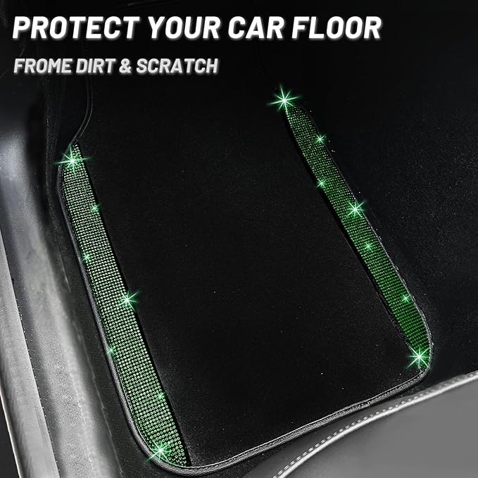 NBTEPEM Bling Car Floor Mats Full Set, Universal Fit Most Cars,SUV, Trucks, 4 pcs Sparkle Glitter Diamond Carpet for Women Girls with Anti-Slip Pad (Green Diamond)