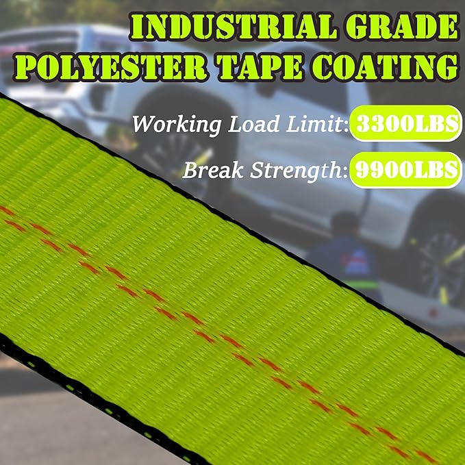 4 Pack Car Tie Down Straps for Trailers - 2" x 96" - 3,300 lbs Safe Working Load -Adjustable Wheel Straps for Hauling Cars.Green