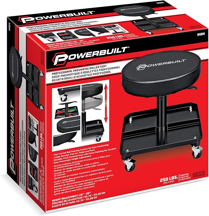 Powerbuilt Rolling Seat, Height-Adjustable Garage Stool with Tool Tray, Smooth and Padded for Car Repair, Detailing, Comfort - 640834, Black
