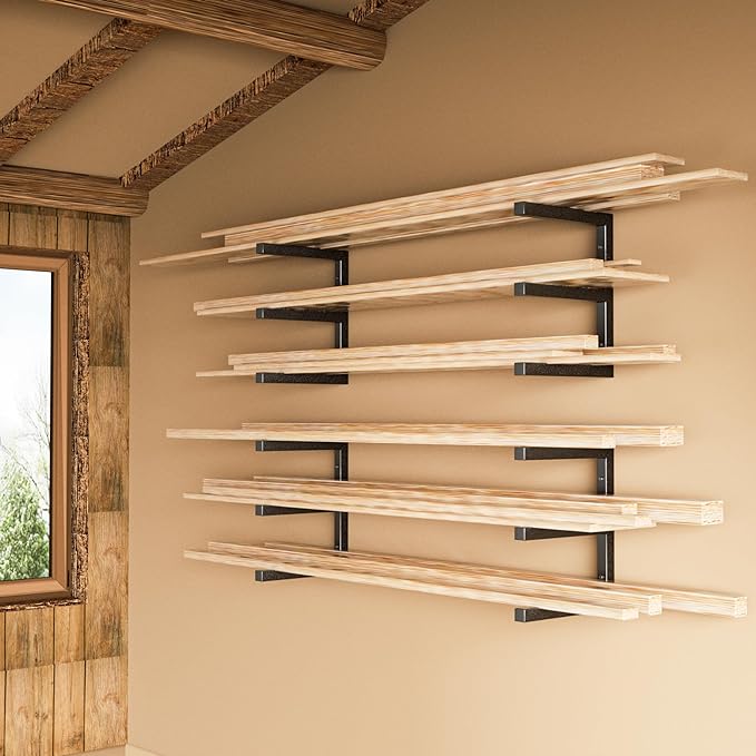 YYR Wood Organizer and Lumber Storage Rack Wall Mount, Heavy Duty Metal Shelf with 6-Level Holds Up 1200 LBS, Indoor & Outdoor Use - Black