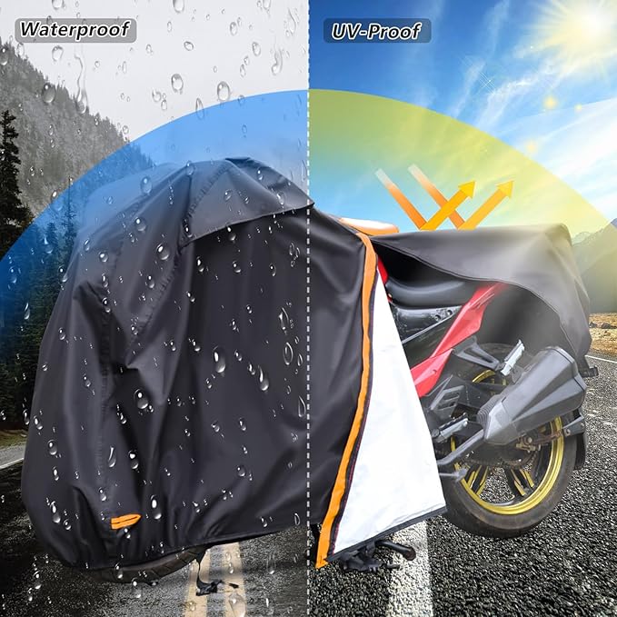 Motorcycle Cover,Waterproof Zipper Outdoor Cover for All Seasons Windproof, High Heat Resistance Dustproof and Rainproof Snowproof(Orange Zipper M Fits Up to 87 inch)