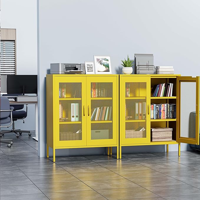 Metal Storage Cabinet with Mesh Doors,Steel Display Cabinet with Adjustable Shelves,Metal Office Storage Locker for Home Office,Garage(Yellow, 40''H)