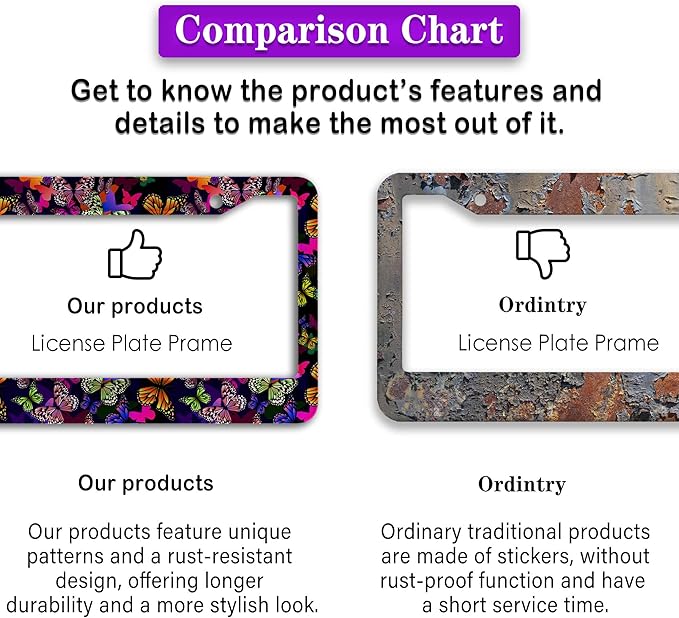 License Plate Frames Multicolor Car Plate Frame Colorful Watercolor Butterfly Aluminum Metal Car Accessory 2 Pack with Screw Covers Set