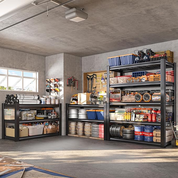 REIBII 3010LBS Storage Shelves 72" H Garage Shelving Heavy Duty Metal Shelving 5 Tier Adjustable Metal Shelves for Storage for Pantry Kitchen Basement 72" H x 35.5" W x 16" D, Black