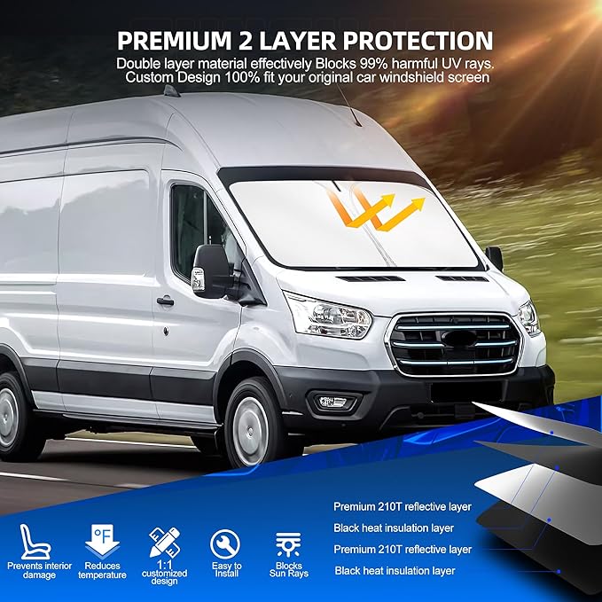 Windshield Sun Shade for Ford E-Transit 2022-2025 2026 Foldable Sunshade Custom Fit Front Window Car Interior Accessories Protector Blocks UV Rays