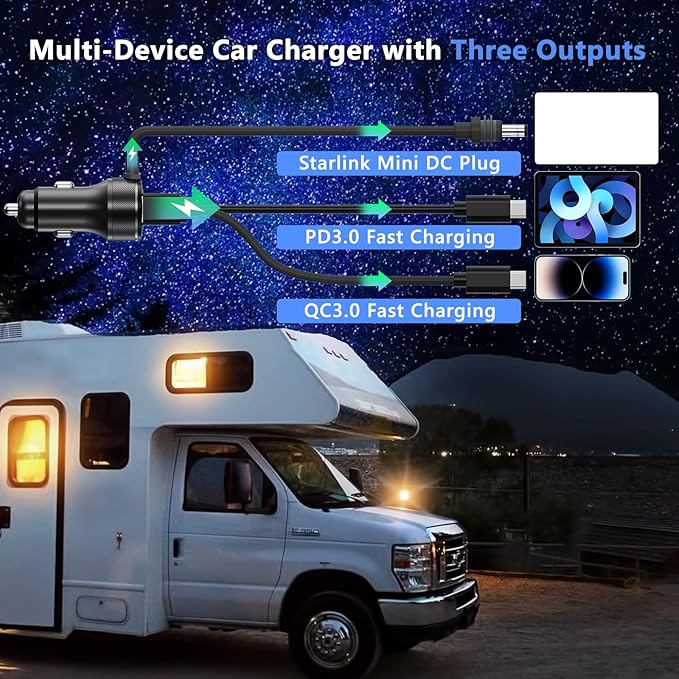 3-in-1 Starlink Mini Cable, Car Charger with Digital Display | 40W USB-C PD & 35W USB-A Ports | All-Weather Shielded Cable for RV, Truck, Boat (12V-48V) (16.4ft)