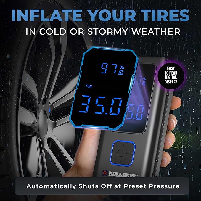 POCKET AIR PRO Tire Inflator Portable Air Compressor by Bullseye Pro for Tires, Balls, Bike with Persta Valve, Auto Shut Off, Inflates in 2 Min, Cordless Rechargeable 6000MAH,150 PSI, SoS Light