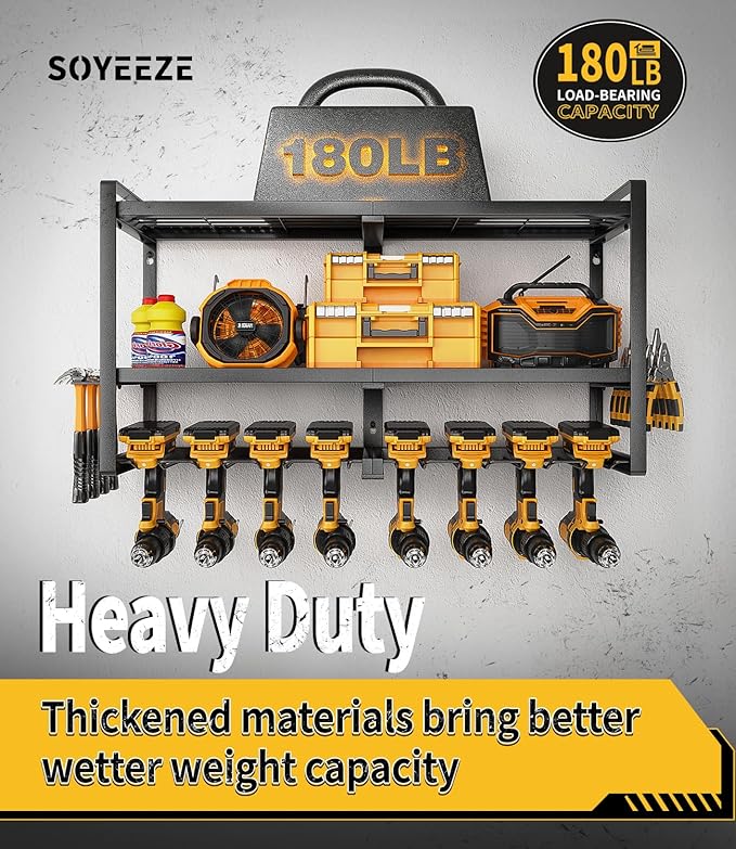 SOYEEZE Power Tool Organizer & Storage Wall Mount - Heavy Duty Metal 8 Drill Holder, 3 Layer Premium Garage Utility Power Tool Rack &Tool Shelf，Great as Gifts for Men Father's Day-Large-Black