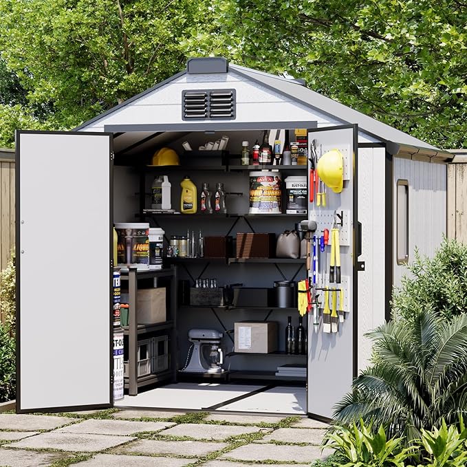 8 x 6 FT Resin Outdoor Storage Shed, All-Weather Plastic Garden Shed with Floor, Lockable Doors & Windows, Plastic Tool Shed for Poolside, Backyard, Patio