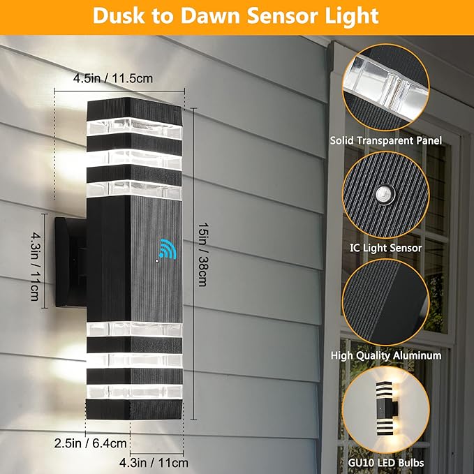 tewei 4 Pack Dusk to Dawn Outdoor Light Fixture, Black Exterior Wall Lights Up and Down Porch Lights Outdoor Wall Mount Waterproof Aluminum Outside Lights for House Garage, 3-Layer, 3000K
