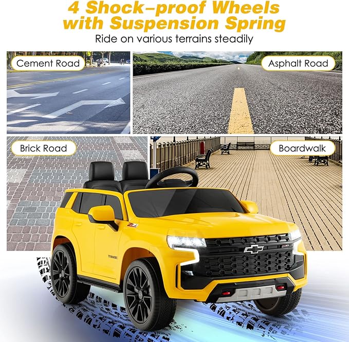 HONEY JOY Ride On Truck, 12V Licensed Chevrolet Tahoe, Chevy Electric Vehicle for Kids, Soft Start, Music, Lights, Battery Powered Ride On Car Toy with Remote Control, Gift for Boys Girls (Yellow)