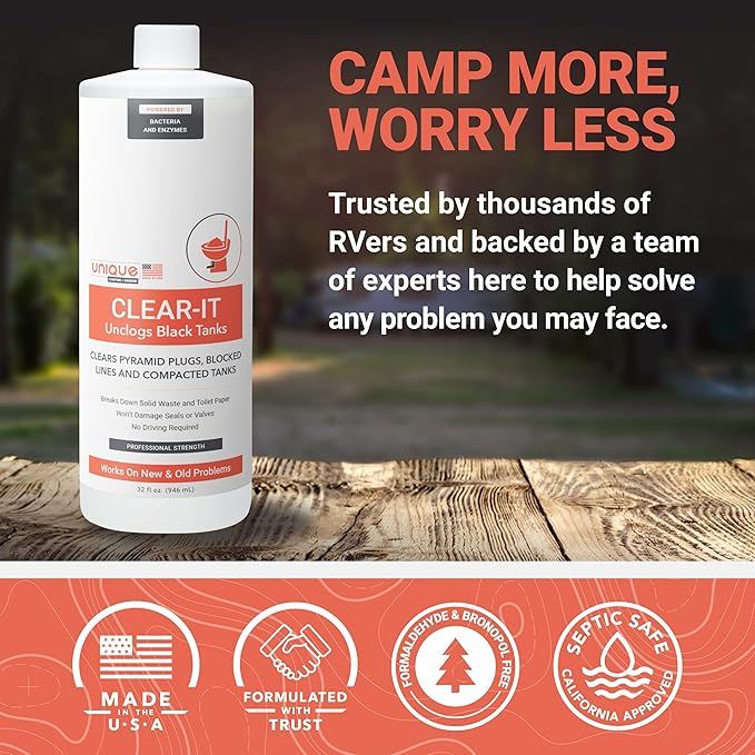 Unique Clear-It RV Black Tank Unclogger Liquid - Breaks Through Pyramid Plugs, Compacted Tanks, and Clogged Pipes (32 oz)