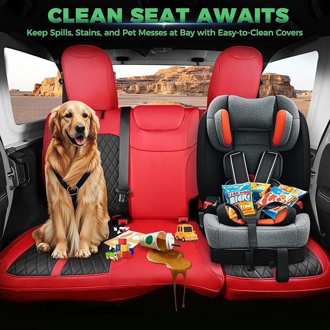 for Jeep Wrangler Seat Covers 4Door JL 2018 2019 2020 2021 2022 2023 2024 2025, Custom Fit Car Seat Cover Full Set, Luxury Waterproof Leather Seat Protectors, Red Black, W/O Rear Cup Holder