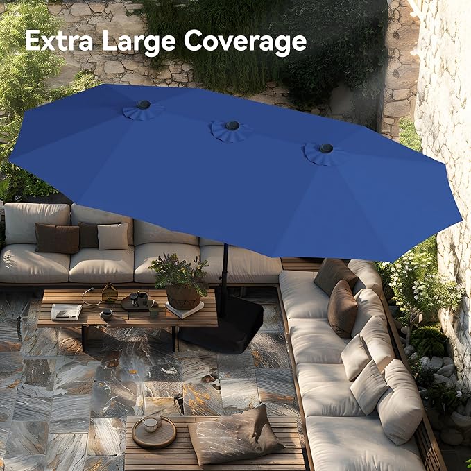 PHI VILLA 15ft Large Patio Umbrellas with Base, Outdoor Double-Sided Rectangle Market Umbrella for Pool Lawn Garden, Haze Blue