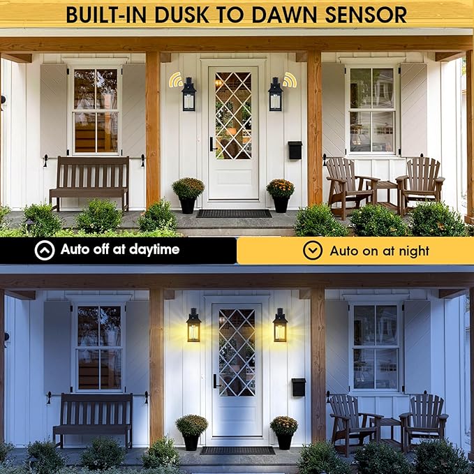 2PACK Bluetooth Speaker Outdoor Wall Lights - Porch Lights Outdoor with Dusk to Dawn Sensor, Waterproof Exterior Lighting Fixtures for House, Garage, Front Door, E26, Black