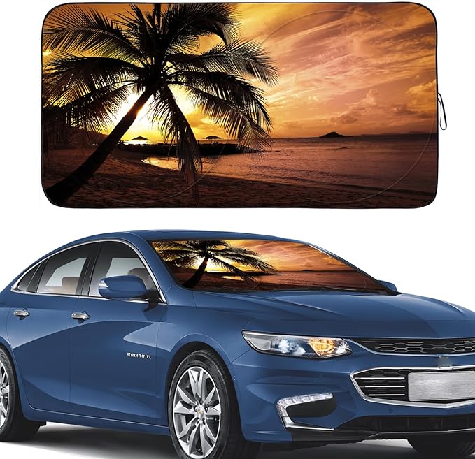 Gven Windshield Sun Shade, Vehicle Car Sun Shade Windshield Funny Yellow Beach Foldable Car Sunshade for Trucks SUV Cars Blocks UV Rays Keep Your Vehicle Cool (Yellow Sunset, S)