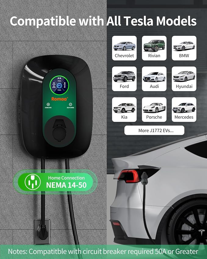 Level 2 EV Charger 40Amp, 240V Electric Vehicle Charging Stations, NEMA 14-50 EVSE J1772 Connector, Smart WiFi Control, 25' Cord Electric Car Charger for Home, ETL FCC