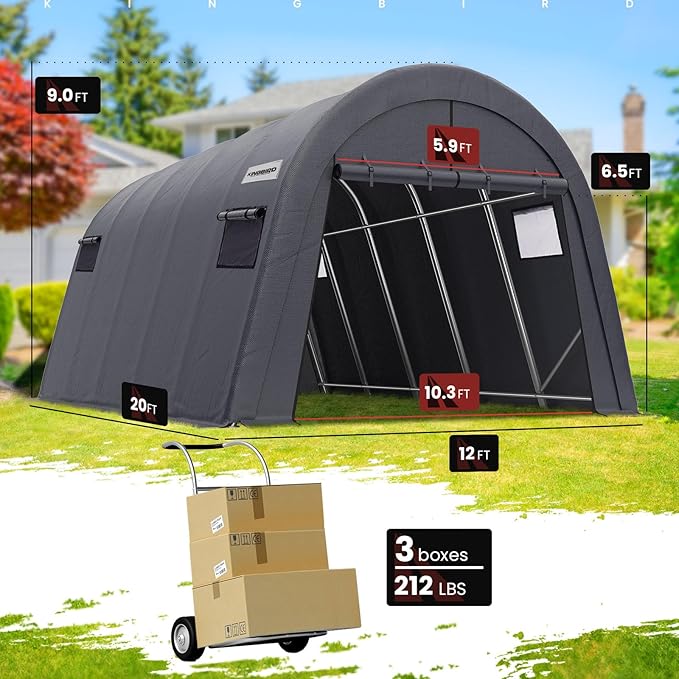 KING BIRD 12' x 20' Oval Pipe Heavy Duty Carport with Roll-up Ventilated Windows for SUV, Full-Size Truck and Boat, Round Style Anti-Snow Car Canopy Outdoor Boat Shelter with Reinforced Ground Bars