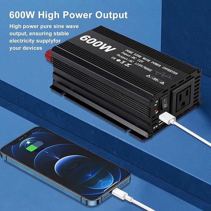 Power Inverter 600W Pure Sine Power Inverter DC 12V to AC 110V Car Converter, Car Cigarette Adapter Converter, Aluminum Alloy Car Power Inverter with 2 USB Ports