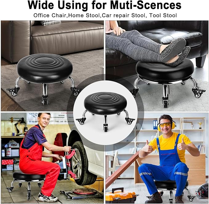 Low Rolling Stool, Low Stool with Wheels, PU Leather Low Roller Seat Stool Chair, Rolling Seat Stool for Home Office Garage Shop (Style 2)