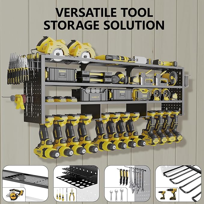 Large Power Tool Organizer Wall Mount, 4 Layer 49" W Heavy Duty Metal Tool Storage Rack with 12 Drill Holder, Utility Racks for Garage Workshop, Ideal Garage Organization Gifts for Men