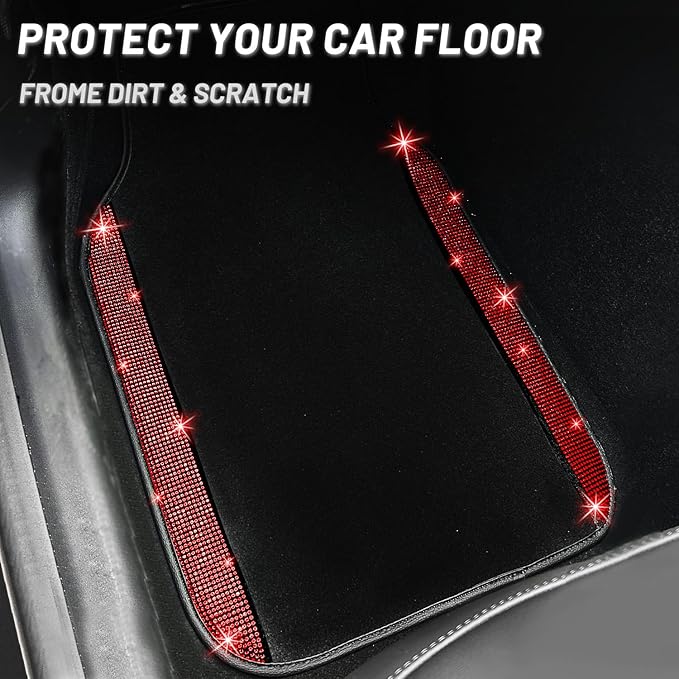 NBTEPEM Red Bling Car Floor Mats Full Set, Universal Fit Most Cars,SUV, Trucks, 4 pcs Sparkle Glitter Diamond Carpet for Women Girls with Anti-Slip Pad (Red Diamond)