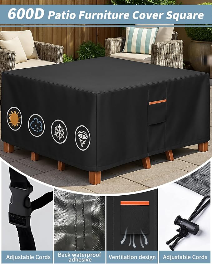 Outdoor Waterproof Furniture Cover, 54W x 54L x 28H inches Heavy Duty 600D Square Table and Chair Set Protection, Black