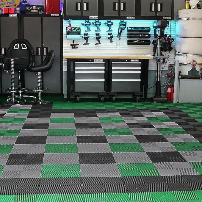 VEVOR Interlocking Drainage Mat, 12” x 12” Modular Interlocking Cushion, 24 Pcs Splicing Drainage Mats, Non-Slip Black PP Drainage Floor Tile and Shower Mat, for Garage, Garden, Kitchen & Outdoor